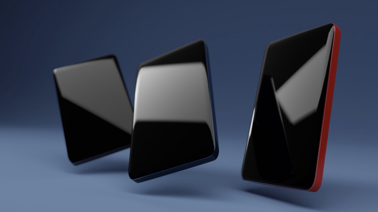Three glossy black panels with coloured edges standing on a blue backdrop